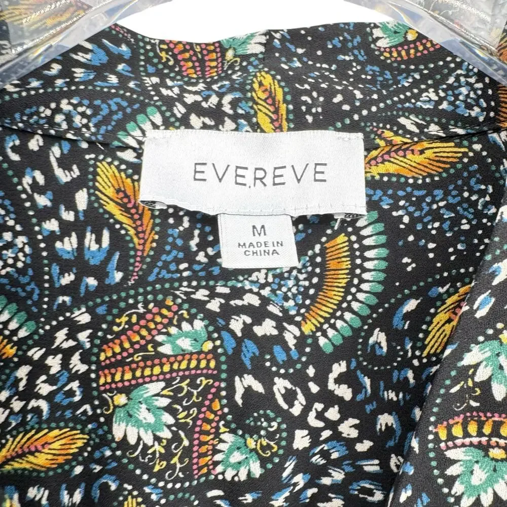 Evereve Charlie Neck Tie Teal Multicolor Printed Long Sleeve Chiffon Blouse - Picture 10 of 12